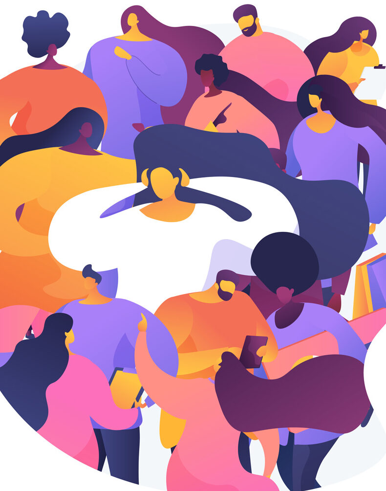 Abstract illustration of diverse figures in various vibrant colors, depicting a sense of community and connection. The figures are layered and overlap, with a mix of rectangular and rounded shapes, creating a dynamic and harmonious composition.